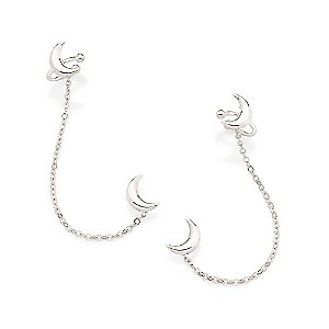 Brinco Rommanel Ear Cuff Com Piercing De Pressão Formato Luas Interligadas Por Corrente De Elo Cadeado Laminado Fio 0,35