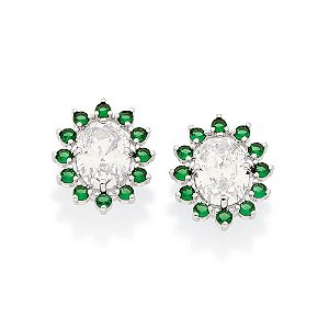 Brinco Rommanel Botão Oval Cravejado Por 24 Zircônias De 3,0 Mm E 2 Zircônias Ovais De 10X14 Mm (Par) Med 2,3 Cm X 1,9 C