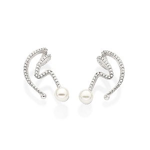 Brinco Rommanel Ear Cuff Formato Abstrato, Cravejado Por 80 Zircônias De 1,0 Mm E 2 Pérolas Sintéticas De 6,0 Mm (Par) M