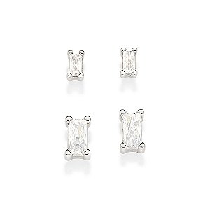 Kit Brinco Rommanel Solitários Retangulares Composto Por Um Par Cravejado Por 2 Zircônias Baguetes De 2X4Mm E 1 Par Crav