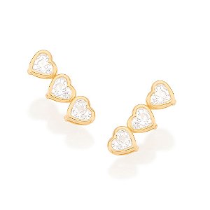 Brinco Rommanel Formado Por Corações Com Cristais Unidos Na Horizontal, Med 1,5 Cm