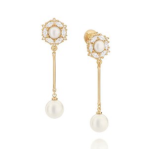 Maxi Brinco Rommanel Base Redonda Formado Por 12 Zircônias Navetes De 3 X6Mm,12 Zircônias De 1,25Mm E 2 Pérolas Sintétic