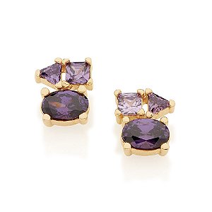 Brinco Rommanel Cravejado Por 2 Zircônias Ovais De 4X6 Mm, 2 Zircônias Triângulares De 3X3 Mm E 2 Zircônias Quadradas De