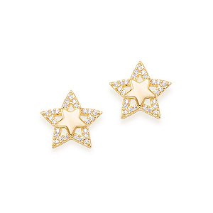 Brinco Rommanel No Formato De Estrela, Cravejado Por 50 Zircônias De 0,80 Mm (Par)Med 1,20 Cm X 1,20Cm(Joia Licenciada C