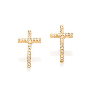 Brinco Rommanel Formato Cruz Cravejado Por 40 Zircônias De 0,80 Mm (Par)Med 1,2 Cm X 0,70 Cm (Joia Licenciada Cápsula Ss