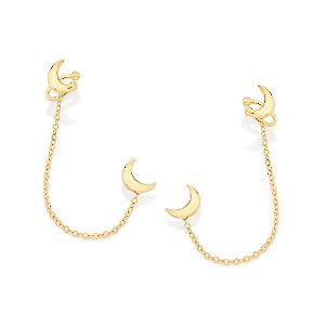 Brinco Rommanel Ear Cuff Com Piercing De Pressão Formato Luas Interligadas Por Corrente De Elos Cadeados Laminados Fio 0