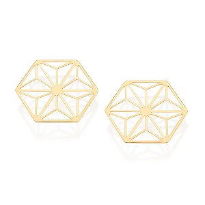 Brinco Rommanel Botão Formato Geométrico Hexágono, Composto Por Estrela De Seis Lados Vazada Dentro Med 3,1 Cm X 3,5 Cm