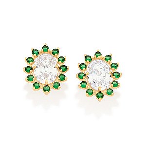 Brinco Rommanel Botão Oval Cravejado Por 24 Zircônias De 3,0 Mm E 2 Zircônias Ovais De 10X14 Mm (Par) Med 2,3 Cm X 1,9 C