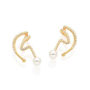 Brinco Rommanel Ear Cuff Formato Abstrato, Cravejado Por 80 Zircônias De 1,0 Mm E 2 Pérolas Sintéticas De 6,0 Mm (Par) M