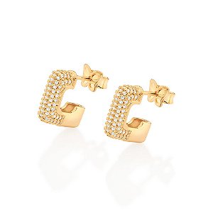 Brinco Meia Argola Quadrada Cravejada Por 158 Zircônias De 0,80 Mm (Par) Med 1,2 Cm X  0,30 Cm (Joia Licen  Coleção Ana
