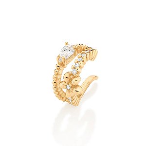 Brinco Rommanel Piercing De Pressão Aro Duplo Cravejado Por 13 Zircônias De 1,25 Mm, Com Flor De Um Lado E 1 Zircônia Go