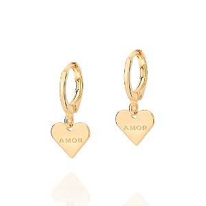 Brinco Rommanel Argola Composto Por Coração Pendurado Com Escrita Amor,Med 2,0 Cm X 1,0 Cm X 1,1 Cm De Diâmetro