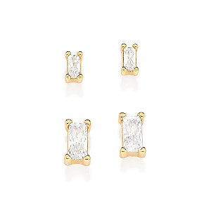 Kit Brinco Rommanel Solitários Retangulares Composto Por Um Par Cravejado Por 2 Zircônias Baguetes De 2X4Mm E 1 Par Crav