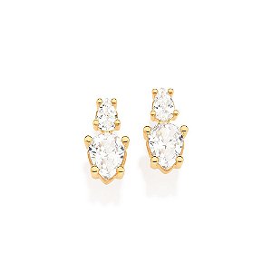 Brinco Cravejado Por 2 Zircônias Gotas De 3X5 Mm E 2 Zircônias Gotas De 5X7 Mm (Par),Med 1,3 Cm X 0,60 Cm