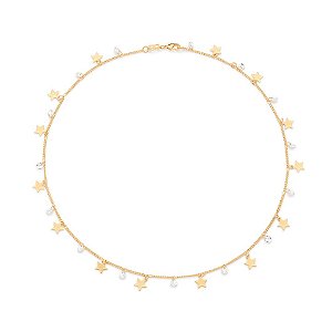 Gargantilha Rommanel Formada Por Corrente De Elo 9X1 Fio 0,30 Mm, Composta Por 15 Zircônias De 4,0 Mm Intercaladas Por E