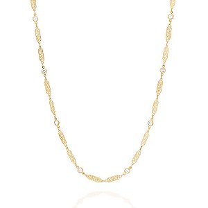 Gargantilha Formada Por Elo Longo Batido Formato Oval Trabalhado Intercalada Por 9 Zircônias De 4 Mm,Med 45 Cm Ajustável