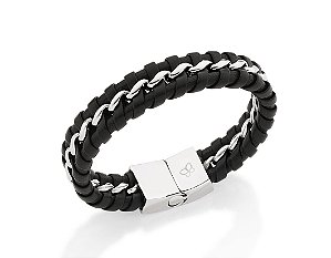 Pulseira Rommanel Masculina De Couro Trançado Com 14Mm De Espessura Tendo Fio De Aço Entrelaçado No Centro  Med  20Cm E