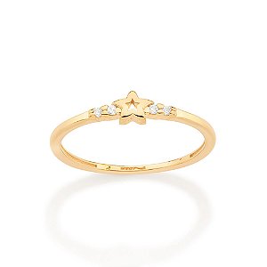 Anel Rommanel Skinny Ring Infantil, Cravejado Por 4 Zircônias De 1,0 Mm Nas Laterais Com Estrela Vazada Ao Centro