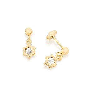 Brinco Rommanel Infantil Base Lisa  Com Estrela Vazada E Cristal Med 1,3 Cm