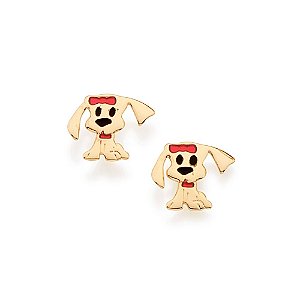 Brinco Rommanel Infantil No Formato De Cachorro Com Aplicação De Resina Vermelha E Preta Med 1,0 Cm