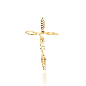 Pingente Rommanel Escrito Jesus, Cravejado Por 4 Zircônias De 1,0 Mm E 9 Zircônias De 1,50 Mm Med 4,5 Cm X 2,8 Cm