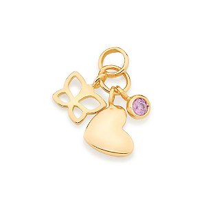 Pingente Rommanel Penca Composto Por 1 Borboleta Vazada, 1 Coração E 1 Zircônia De 3,0 Mm Med 2,0 Cm X 1,7 Cm
