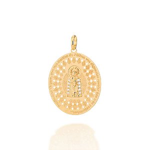 Pingente Rommanel Medalha Oval Nossa Senhora De Fátima, Cravejada Por 10 Zircônias De 1,25 Mm Med 3,9 Cm X 2,7 Cm