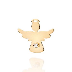 Pingente Formato Anjo Com Auréola Vazada, Cravejado Por 1 Zircônia Carrê De 2X2 Mm,Med 1,7 Cm X 2,0 Cm