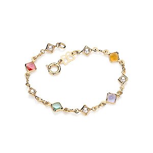 Pulseira Rommanel Infantil De Pedras Coloridads Com Pérolas Sintéticas Intercaladas Med 14 Cm