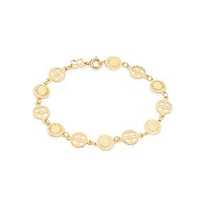 Pulseira Rommanel Formada Por Peças Redondas Sendo Uma Diamantada Com Desenho De Flor No Centro E Outra Lisa Com Detalhe