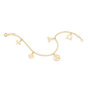 Pulseira Rommanel Formada Por Fio 0,50 , Composta Por 5 Pingentes Simbolos De "Amizade, Sorte, Namaste, Sabedoria E Cora