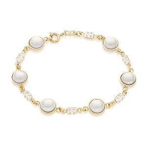 Pulseira Rommanel Composta Por 6 Pérolas Sintéticas De 8,00 Mm, Intercaladas Por 6 Zircônias Baguetes De 3X5 Mm Med 18 C