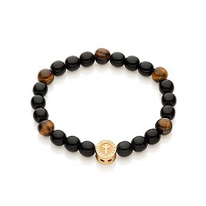 Pulseira Rommanel Shamballa Formada Por 5 Pedras Olho De Tigre De 8,0 Mm E 18 Pedras Pretas De 8,0 Mm, Com Peça Escrito