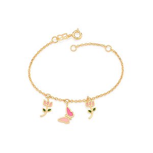 Pulseira Rommanel Infantil Formada Por Fio Elos Intercalados, Composta Por 2 Pingentes Formato Flor Tulipa E 1 Pingente