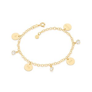 Pulseira Rommanel Formada Por Fio Elo Cadeado, Composta Por Medalhas Penduradas Escritas Fé, Paz, Sorte E Gratidão, Inte