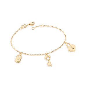 Pulseira Rommanel Formada Por Corrente De Elos Cadeados Ovais Fio 0,35 Mm, Composta Por 3 Pingentes Pendurados Nos Forma