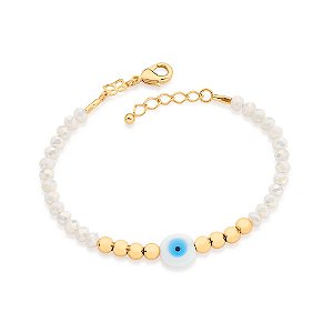 Pulseira Rommanel Composta Por 27 Cristais Facetados De 4,0 Mm, 8 Esferas De Metal De 4,50 Mm E 1 Pedra Natural Olho Gre