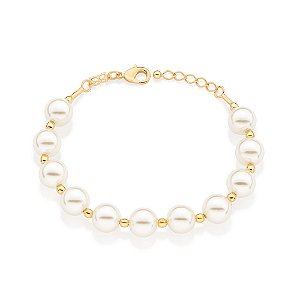 Pulseira Formada Por 11 Pérolas Sintéticas De 10 Mm Intercaladas Por 12 Esferas De 3,0 Mm,Med 20 Cm Ajustável 18 Cm