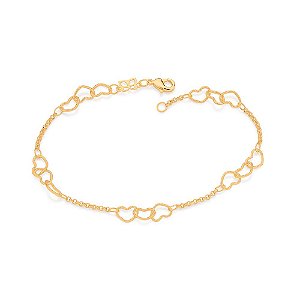 Pulseira Formada Por Corrente De Elo Cadeado Fio 0,40 Mm Intercalada Por 3 Corações Vazados,Med 20 Cm