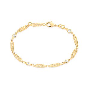 Pulseira Formada Por Elo Longo Batido Formato Oval Trabalhado Intercalada Por 4 Zircônias De 4,0 Mm,Med 20 Cm Ajustável