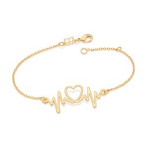 Pulseira Formada Por Corrente De Elo Cadeado Laminado Fio 0,35 Mm, Composta Por Pingente Batimentos Cardíacos Com Coraçã