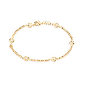 Pulseira Formada Por Corrente Elo Duplo De Esferas Composto Por 6 Flores E 6 Zircônias De 2,75 Mm,Med, 20 Cm Ajustável Á