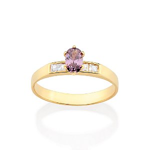 Anel Solitário Composto Por 4 Zircônias Carrê De 2X2 Mm E 1 Zircônia Oval De 4X6 Mm Ao Centro Rommanel