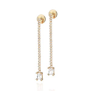 Brinco Cravejado Por 44 Zircônias Navete De 2X4Mm E 2 Zircônias Baguetes De 6X8Mm Penduradas (Par)Med 7,3 Cm X 0,8 Cm Ro