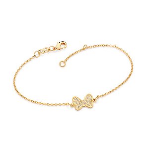 Pulseira Formada Por Corrente De Elo Cadeado Laminado Fio 0,35 Mm, Composta Por Pingente Laço Cravejado Por 59 Zircônias