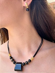 Conjunto Colar e Brinco Acrílico Preto