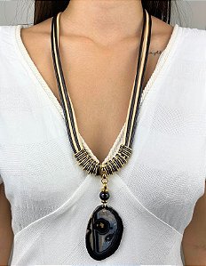 Colar Longo Black com Geodo em Ágata Preta