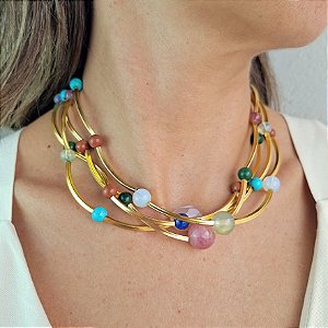 Colar Curto Banhado com Pedras Naturais