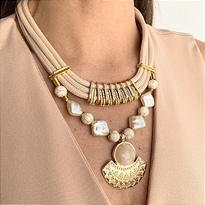 Maxi Colar Nude com Howlita e Pérola Boho