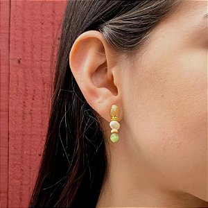 Brinco Verde com Madeira e Pérola Boho